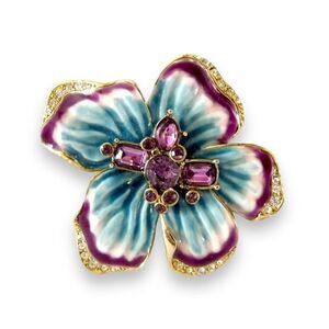 VINTAGE LIZ CLAIBORNE FLOWER ENAMELED PIN/BROOCH BLUE PURPLE AMETHYST RHINESTONE